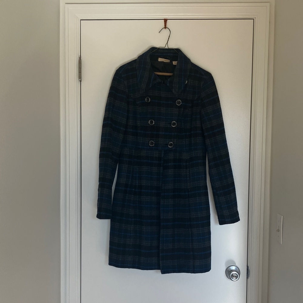 DKNY Navy Plaid Double-Breasted Trench Coat